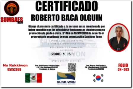 Certificado Roberto Baca 3° Dan